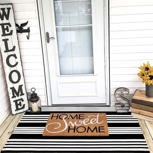 Black and White Striped Rug 27.5 x 43 Inches, Hand-Woven Indoor/Outdoor Area Rug, Farmhouse Front Door Floor Mat