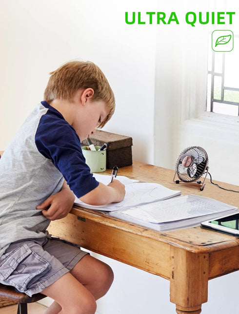 xasla 4 Inch Small USB Desk Fan, Mini Quiet Fan with Metal Construction, Strong Airflow, 360° Adjustable Tilt Angle