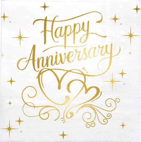 LeZakaa 25Pcs Happy Anniversary Paper Napkin, 3-Ply Gold Foil Cocktail Beverage Bar