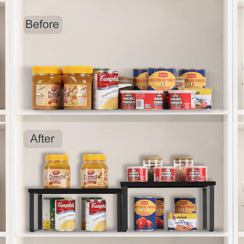 CADUKE Set of 4 Stackable Kitchen Counter Shelves, Expandable Wood Shelf Organizers for Pantry, Industrial Black