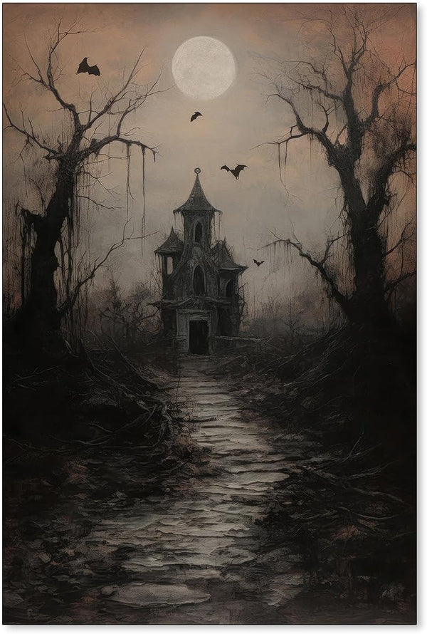 WBSTGUE Dark Academia Wall Art, Gothic Halloween Poster, Vintage Haunted House Canvas Prints, 16x24inch Unframed