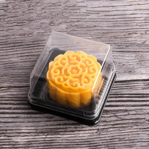 50g Mooncake Packaging Clear Plastic Macaron Containers with Labels, Ideal for Mini Muffins, Set of 50 (Square Black)