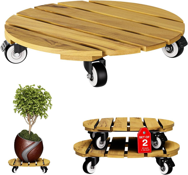 Idzo Combo 12 Inch and 14 Inch Acacia Wood Rolling Round Planter