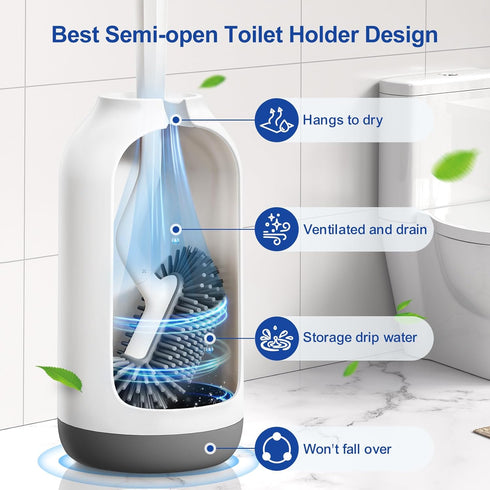 HAMITOR Toilet Bowl Brush Holder Set: Deep Cleaning Silicone Scrubber with Curved Bristle for Bathroom Dead Corner Clean