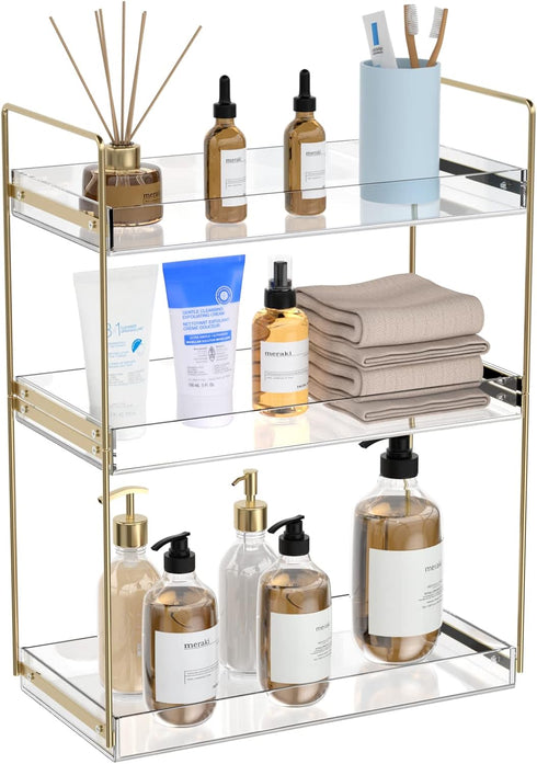 Bathroom Countertop Organizer, Gold 3 Tier Acrylic Vanity Tray Shelf for Skincare, Makeup, Lotion, Perfume, Spice