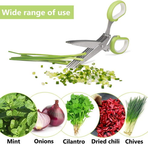 Herb Cutter Scissors, 5 Blade Kitchen Multipurpose Cutting Shear with Safety Cover & Cleaning Comb (Green)