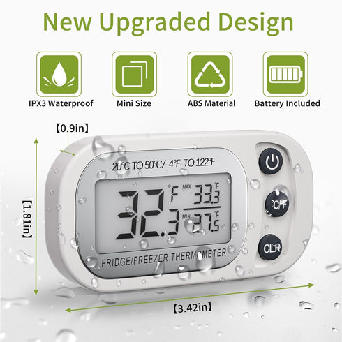 Digital Refrigerator Thermometer 2 Pack, Waterproof Fridge and Freezer Thermometer with Large LCD Screen