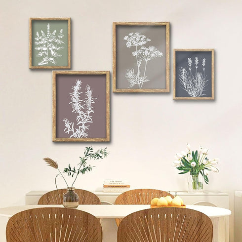 Set 4 (11x14 GUMEYJIA Boho Wall Art of Framed Herb Prints Botanical White Floral Sketches with Gray and Sage Green
