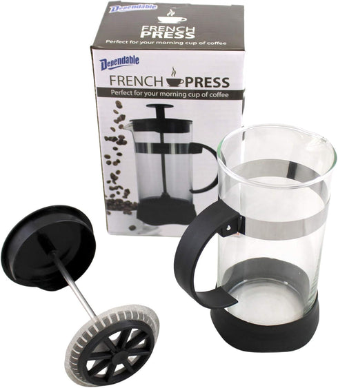Dependable Industries Essentials 12 Ounce Glass French Press Coffee & Tea Brewer - Single Cup, 3 Cup Espresso, Compact