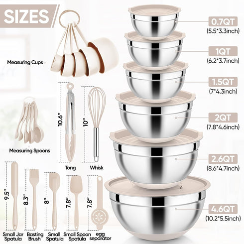 E-far 25PCS Mixing Bowls with Lid Set, Stainless Steel Nesting Prep Bowls with Grater Attachments for Cooking, Food