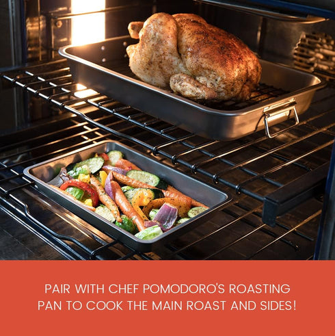 Chef Pomodoro Small Nonstick Carbon Steel Roasting Pan with Rack, Grey (Mini) for Countertop Oven Baking