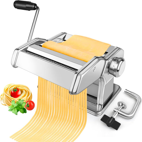 Pasta Maker with 7 Thickness Settings Roller, 2-in-1 Cutter, Hand Crank and