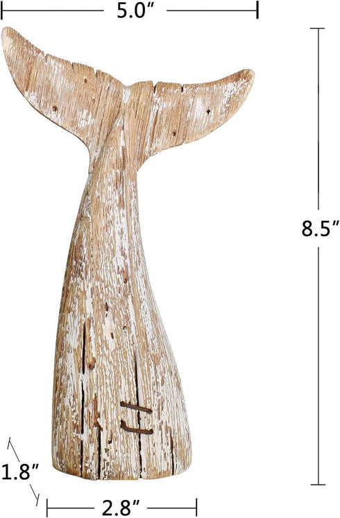 Nautical Home Decor - Wood Whale Tail Tabletop Statue, Decorative Rustic Sculpture for Ocean Beach Bathroom Shelf (8.5"