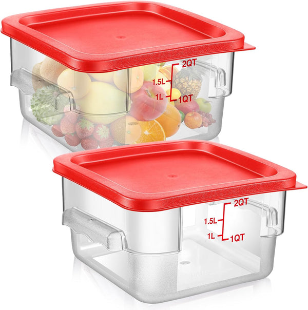 Suclain 2 Pcs Square Food Storage Container, Polycarbonate Clear with Red Lid, Commercial Kitchen Storage, 7.87 x 3.94
