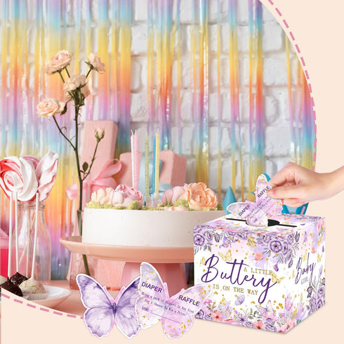 QZCYU 50 Pcs Butterfly Baby Shower Games, Butterfly Diaper Raffle Tickets with Diaper Raffle Card Box, Gender Reveal