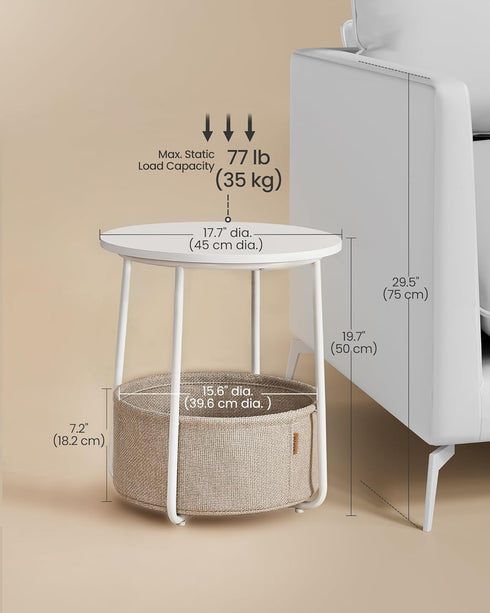 ULET223W10 VASAGLE LILEA Collection - Small Round Side End Table, Modern Nightstand with Fabric Basket, Matte White