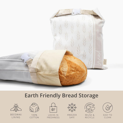 Reusable Bread Bags for Homemade Bread (2 Pack) - Cotton Beeswax Bags for Sourdough Bread Storage