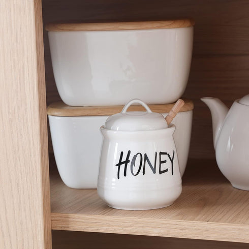 HAOTOP Porcelain Small Honey Jar with Lid and Honey Dipper, 12oz (White)