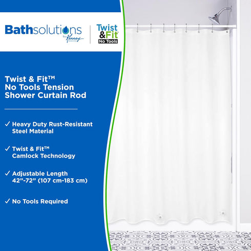 Kenney KN609C/10 Twist & Fit No Tools Camlock Tension Shower Curtain Rod, 42-72" Adjustable Length, White
