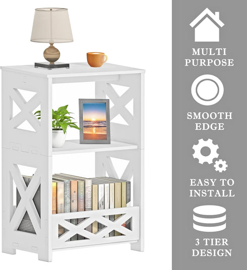 BYFU White Side Table, Small End Table with Storage Shelf, 3-Tier Nightstand for Bedroom and Living Room