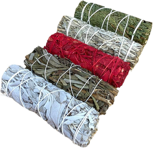 5 pcs Smudge Stick Sampler Kit, White Sage, Black Sage, Dragon's Blood, Blue Sage, & Cedar - 4 Inch Hand Tied
