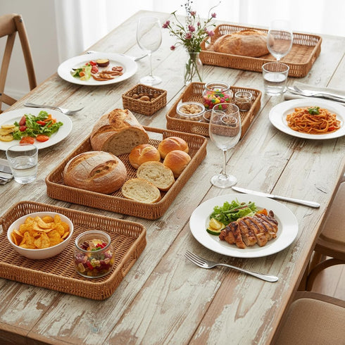 3pcs Rectangular Serving Tray with Handles, Decorative Wicker Organizer Baskets Storage Tray for Coffee Table, Bread