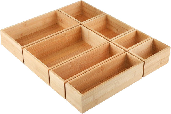 Kootek 8 Pcs Bamboo Drawer Organizer, Versatile Kitchen Storage Box with 4-Size Dividers for Cutlery and Utensils