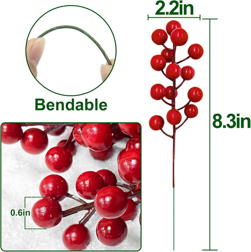 25 Pack Red Berry Stems Waterproof Christmas Picks Sprays for Christmas Tree Decorations Holly Berry Artificial Fruit