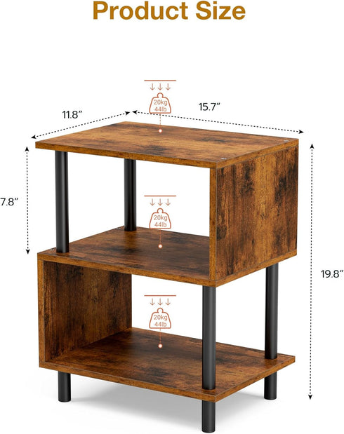 3-Tier 44 LBS Frylr Small Side Table, End Table and Nightstand with Wood Shelves, Sturdy Metal Frame with Capacity per