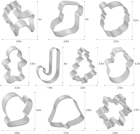 Christmas Cookie Cutters, 10 Pieces Large Metal Cutters - Gingerbread Man, Snowflake, Christmas Tree, and More