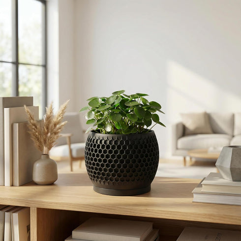 Fabix3D 3D 4.7 Inch Plant Pots, Modern Printed Honeycomb Planters for Indoor Plants, Matte Black Decorative Flower Pot