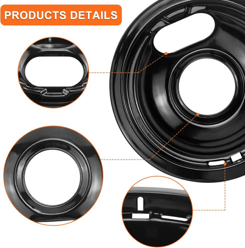 Stove Burner Drip Pans W10288051, 2 Packs 6” and 8" Black Porcelain Covers for Electric Stove
