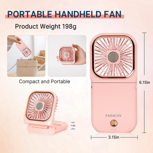 FADACHY Portable Handheld Fan with Power Bank, Mini Fan 3000mAh USB Phone Holder, Rechargeable Pink Lovely Design