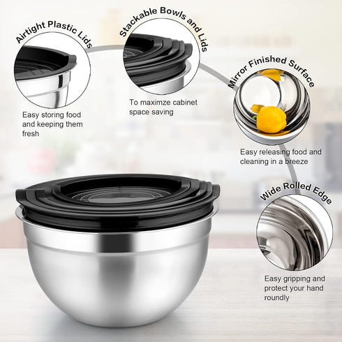 P&P CHEF Set of 5 Stainless Steel Mixing Bowls with Black Lids, Nesting Salad Mix Bowl for Mixing, 4.6, 3, 1.5, 1, 0.7