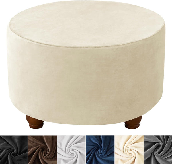 HFCNMY Round Ottoman Cover - Thick Velvet Slipcover with Elastic Bottom - Beige