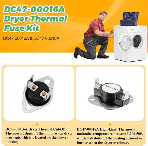 DC47-00016A Dryer Thermal Fuse Kit by Techecook - Replacement for Samsung Dryer with Thermostat and Thermistor