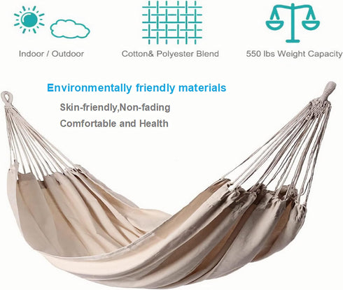 White Hammock Swing Bed, Single Person Cotton Fabric Canvas Travel Hammocks, 500lbs Ultralight Camping Hammock,