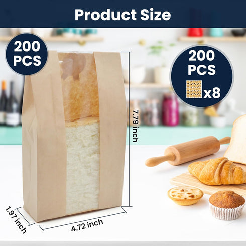 Yenmoz 200 PACK (9.05x4.72x1.97 Inch) Large Paper Bread Bags, Paper Bakery Bags Kraft Paper Bread Loaf Bags