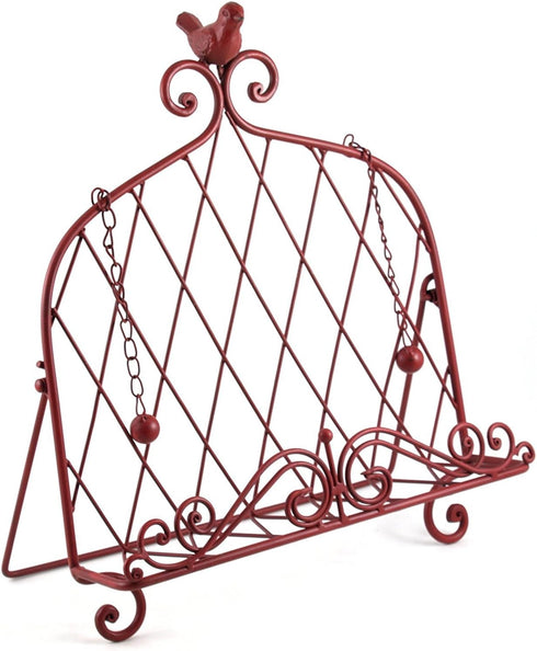 Iron Cookbook Stand, Book Holder Adorned with Bird, Worn Red Color