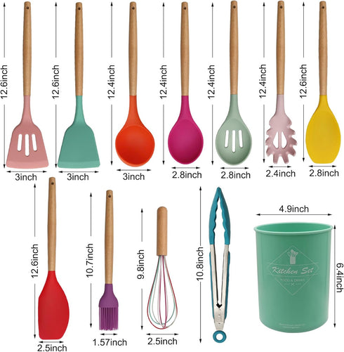 Kitchen Utensils Set of 12, Silicone Cooking Utensils with Non-Slip Wooden Handle and Organizer Bucket, 446°F Heat Resistant Cookware Utensils Set (Assorted Colors-Upgraded) by YGFRSTO