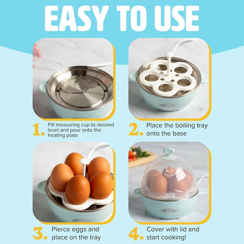 5-Egg Tasty Mini Rapid Egg Cooker, Capacity for Perfect Hard Boiled Eggs or Omelets, Auto Shut Off, Aqua