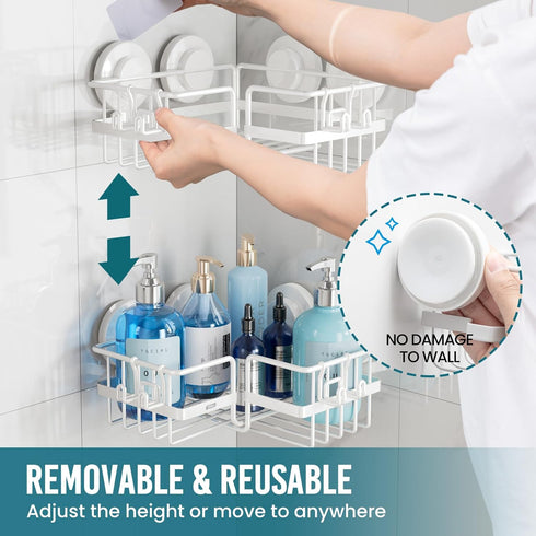 2 Pack, TAILI Corner-adaptive Suction Cup Shower Caddy Stainless Steel Rustproof Corner Shower Shelves, Drill-Free Wall