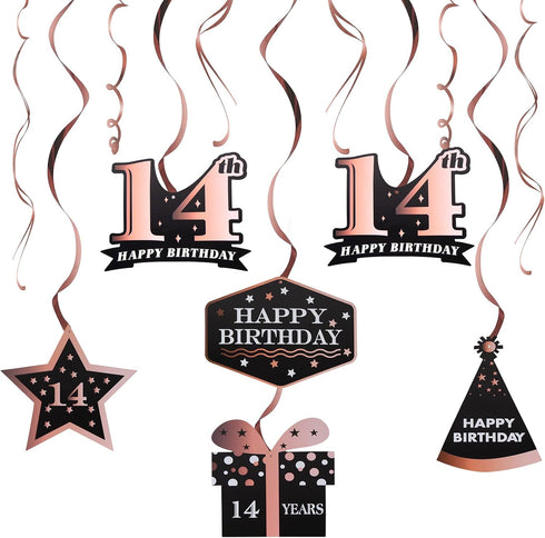 LINGTEER Happy 14th Birthday Decorations, 12 Pcs Black & Rose Gold Foil Swirls Streamer Set for Fourteen Years Old