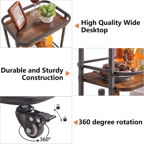 3-Tier Wheels,11.79x15.72x33.01 inches,Rolling TMJ319H IBUYKE Home Bar Serving Cart,Kitchen Storage Carts with Mini Bar