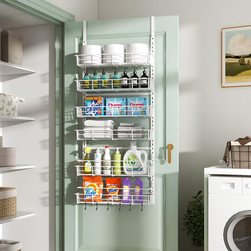 Over The Door Pantry Organizer, Wall Mount Spice Rack with 6 Adjustable Baskets for Home & Kitchen Storage (White)