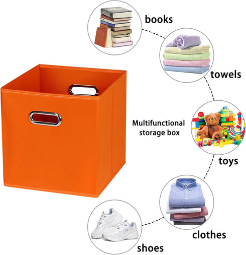 Fabric Cube Organizer with Handle, Foldable Storage Bins 11x11x11, Set of 6, (Orange) for Cloth or Accessory Storage