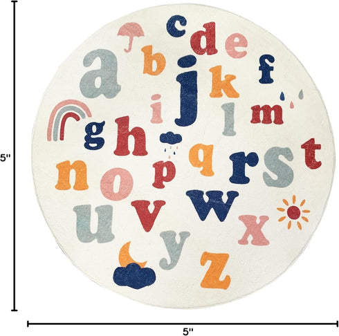 4ft,Fluffy ABREEZE Round Kids Play Mat Faux Wool Kids Rug Non-Slip Childrens Carpet ABC Number Educational Learning