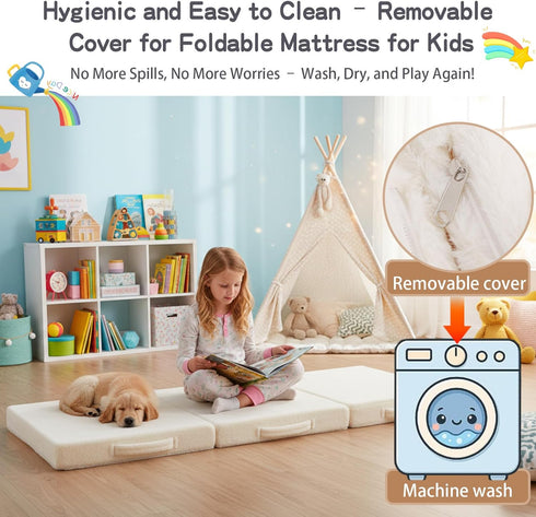 Tiita Kids Floor Mattress - Toddler Trifold Futon Mattress, Portable Foldable Play Mat for Naps and Playtime, Plush