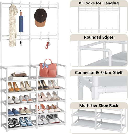 Laiensia 5-Tier Entryway Coat Rack - Coat and Shoe Rack with 8 Hooks for Bedroom, Hallway, Office - White
