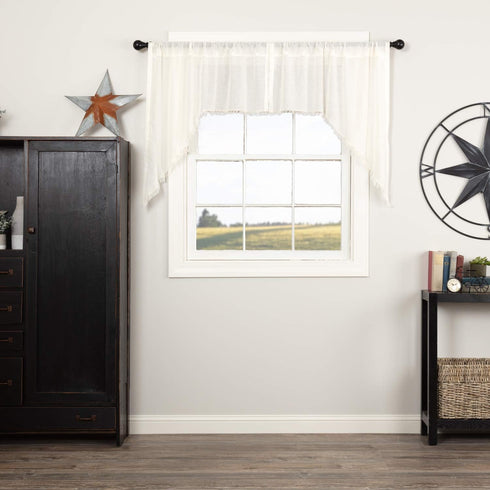 VHC Brands Tobacco Cloth Fringed Farmhouse Decor - Kitchen Swag Prairie Panels Door Window Tier Set, Antique White